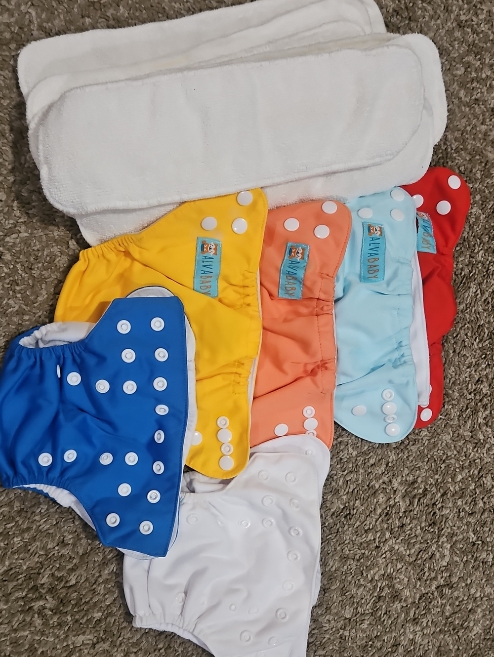Six NEWBORN- Alva Baby 100% Cotton Cloth Diaper Covers and 10 100% Cotton Insert